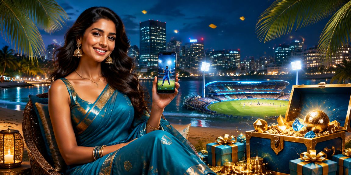 Excited woman placing cricket bets using mobile in traditional saree